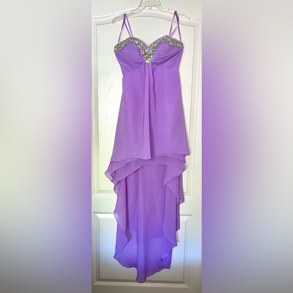 Lavender purple high low senior/junior prom formal dress with rhinestones
